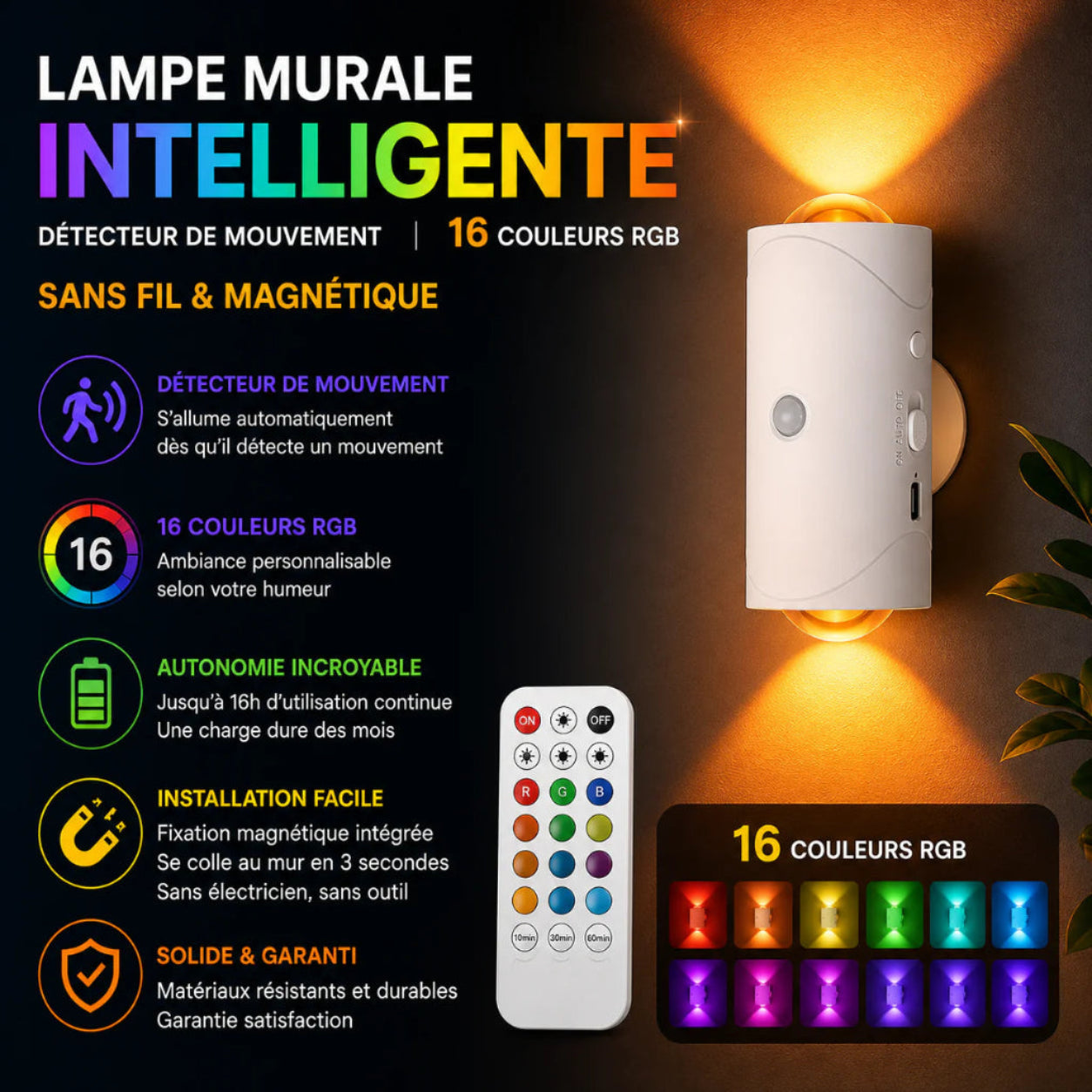 Lampe Murale LED Rechargeable avec Capteur de Mouvement