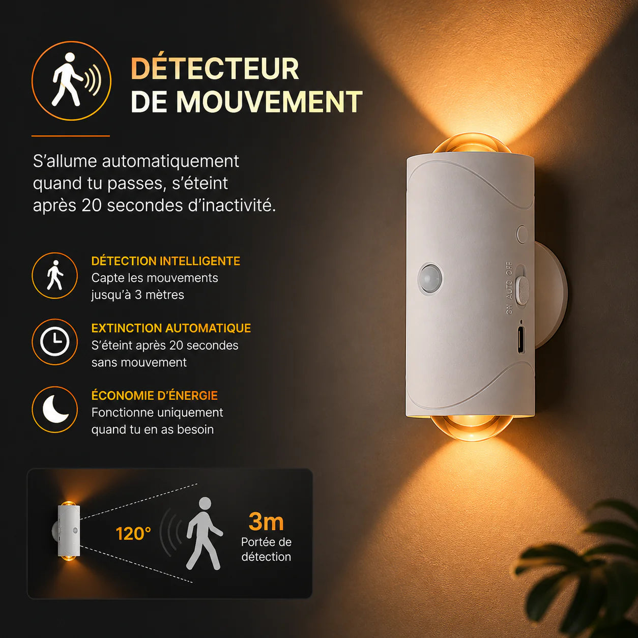 Lampe Murale LED Rechargeable avec Capteur de Mouvement